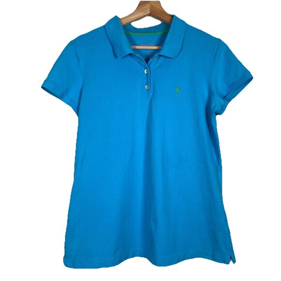 LILLY PULITZER Island Azure Blue Lime Logo TransDry Polo Shirt Size Large L Top - Picture 1 of 8